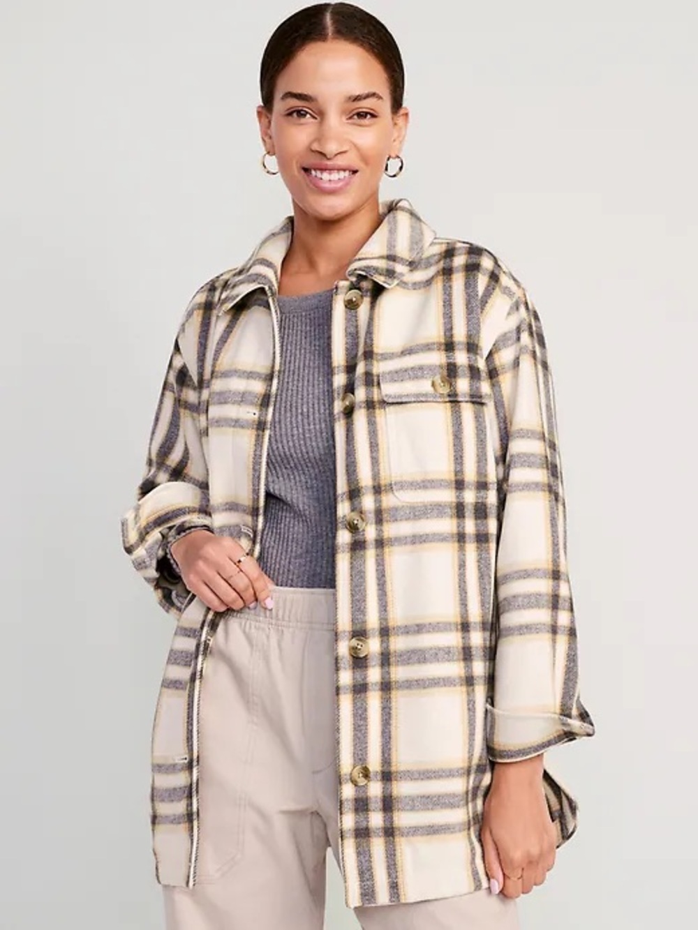 Old Navy Plaid Utility Shacket in Cream, Gray, and Tan
